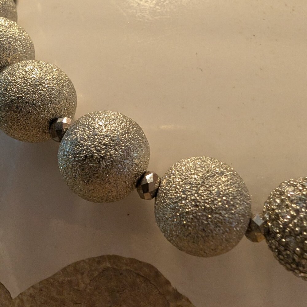 ,RJ Graziano Signed Silver-Tone Rough Finish Beads Necklace w/1 Rhinestone Bead